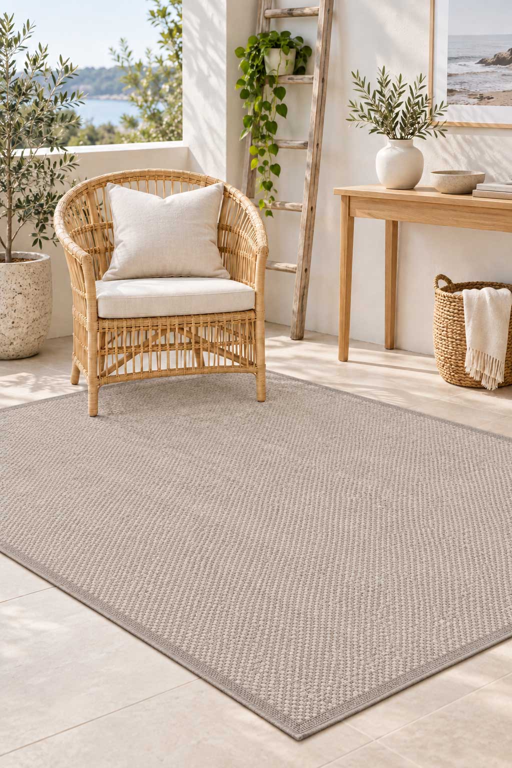 Linden Weave Stone indoor outdoor rug with a subtle warm taupe-grey woven pattern.  Available at Rugs N Timber Belrose