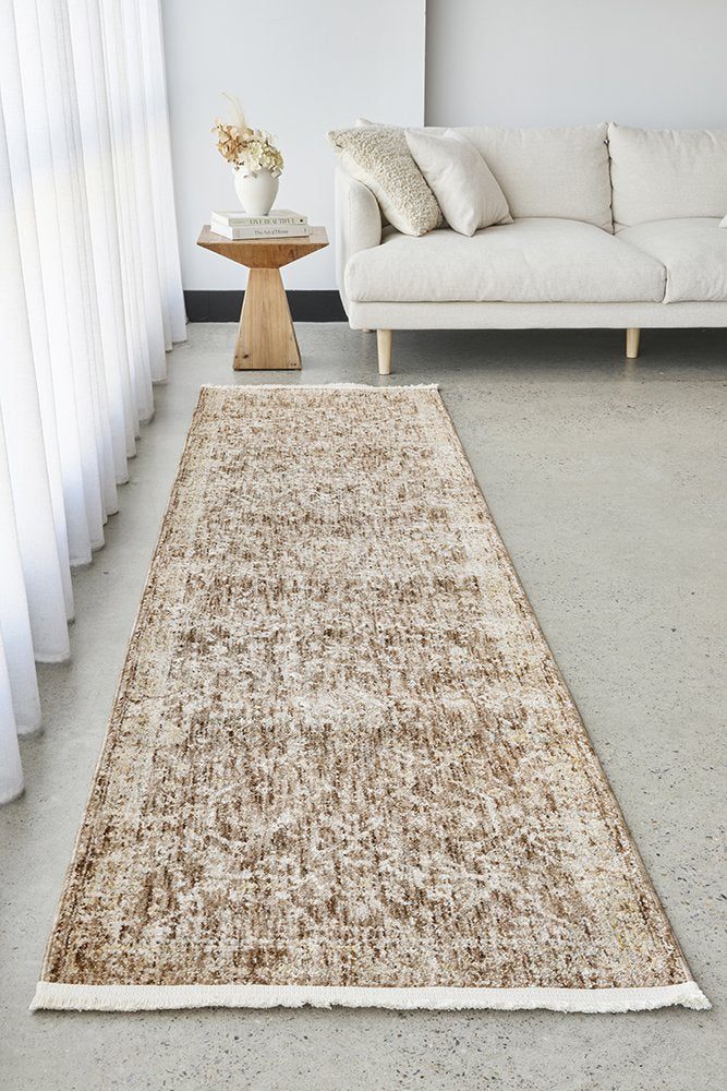 Margot Clay hall runner in warm terracotta clay tones with a soft distressed pattern, Rugs N Timber Belrose.