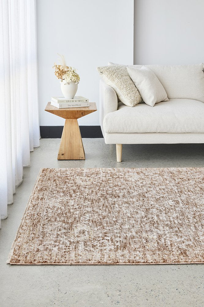 Margot Clay rug in warm terracotta clay tones with a soft distressed pattern, Rugs N Timber Belrose.