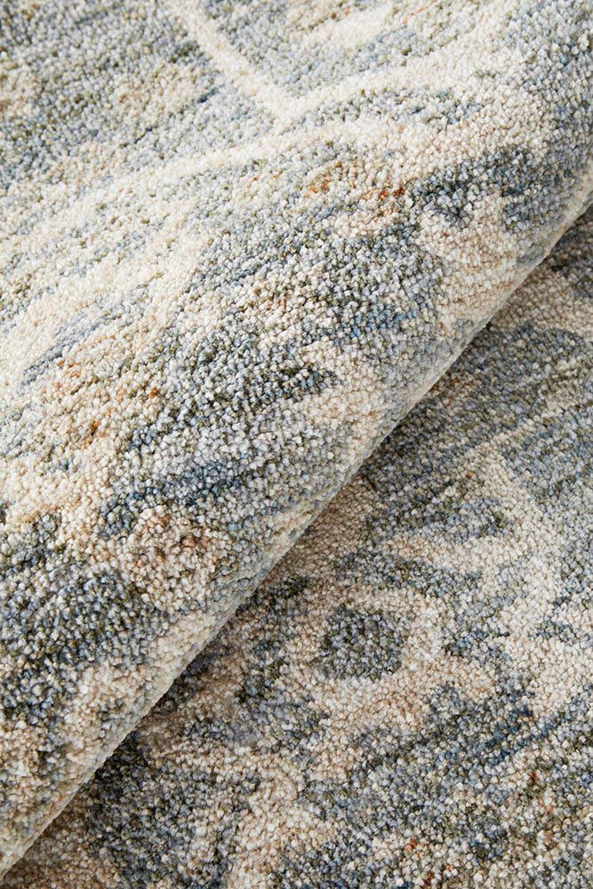 Margot Mist hall runner in soft blue and neutral tones with a vintage distressed finish, available at Rugs N Timber Belrose.