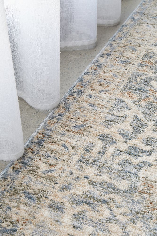 Margot Mist hall runner in soft blue and neutral tones with a vintage distressed finish, available at Rugs N Timber Belrose.
