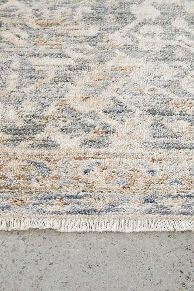 Margot Mist hall runner in soft blue and neutral tones with a vintage distressed finish, available at Rugs N Timber Belrose.