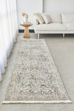 Margot Mist hall runner in soft blue and neutral tones with a vintage distressed finish, available at Rugs N Timber Belrose.