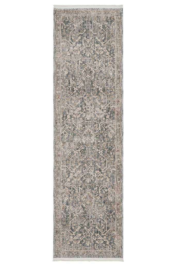 Margot Mist hall runner in soft blue and neutral tones with a vintage distressed finish, available at Rugs N Timber Belrose.