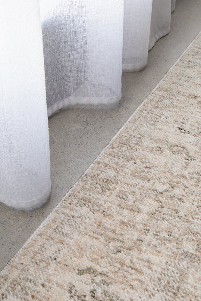 Margot Sandstone hall runner in soft natural beige with a distressed vintage look, available at Rugs N Timber Belrose.