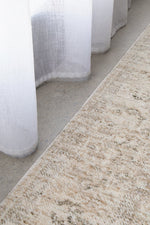 Margot Sandstone hall runner in soft natural beige with a distressed vintage look, available at Rugs N Timber Belrose.