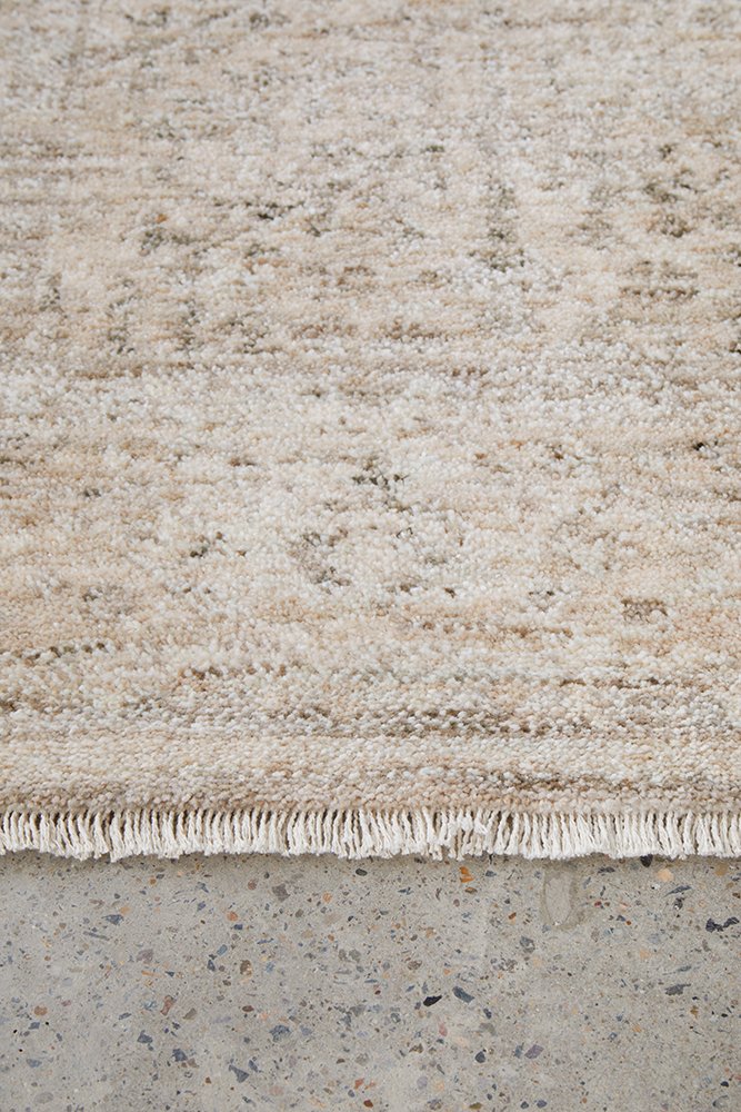 Margot Sandstone hall runner in soft natural beige with a distressed vintage look, available at Rugs N Timber Belrose.