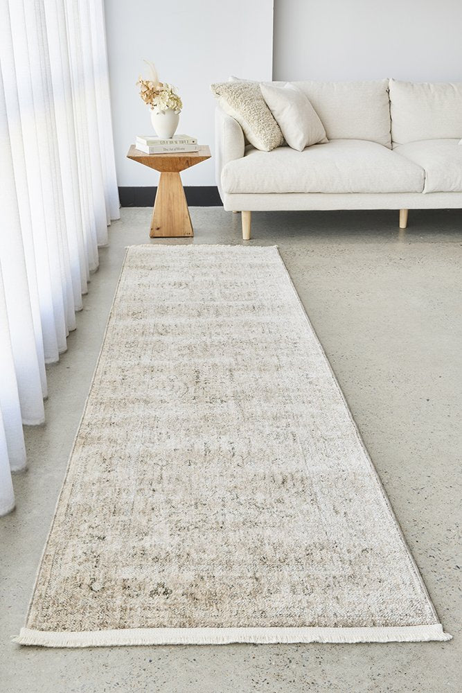 Margot Sandstone hall runner in soft natural beige with a distressed vintage look, available at Rugs N Timber Belrose.