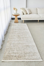 Margot Sandstone hall runner in soft natural beige with a distressed vintage look, available at Rugs N Timber Belrose.