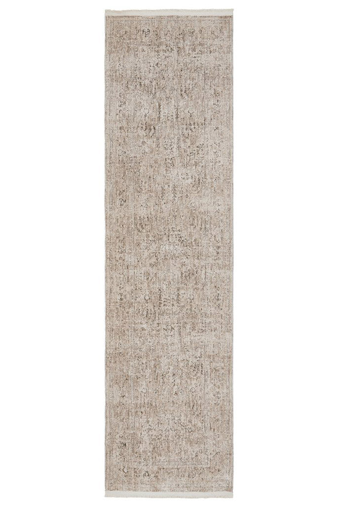 Margot Sandstone hall runner in soft natural beige with a distressed vintage look, available at Rugs N Timber Belrose.