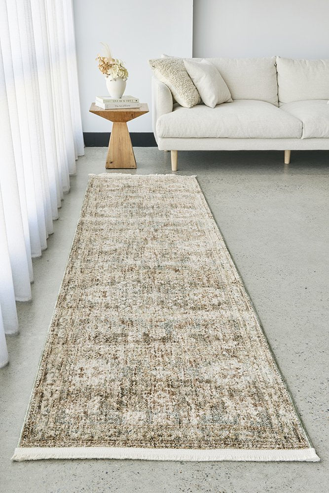 Margot Woodland hall runner featuring moss green and brown earthy tones in a vintage distressed style, Rugs N Timber Belrose.