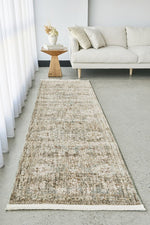 Margot Woodland hall runner featuring moss green and brown earthy tones in a vintage distressed style, Rugs N Timber Belrose.