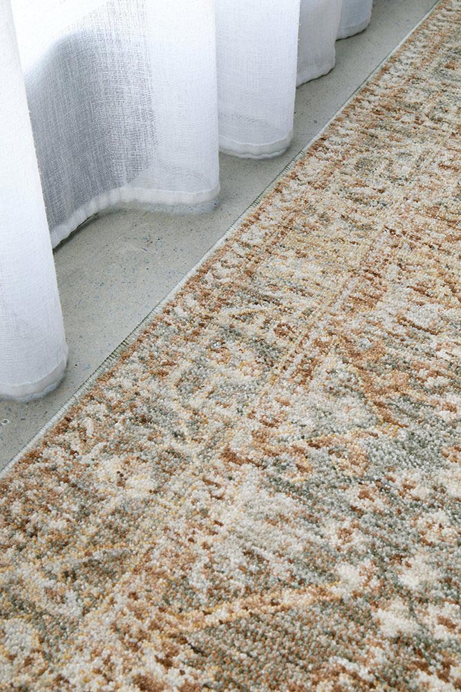 Margot Woodland hall runner featuring moss green and brown earthy tones in a vintage distressed style, Rugs N Timber Belrose.
