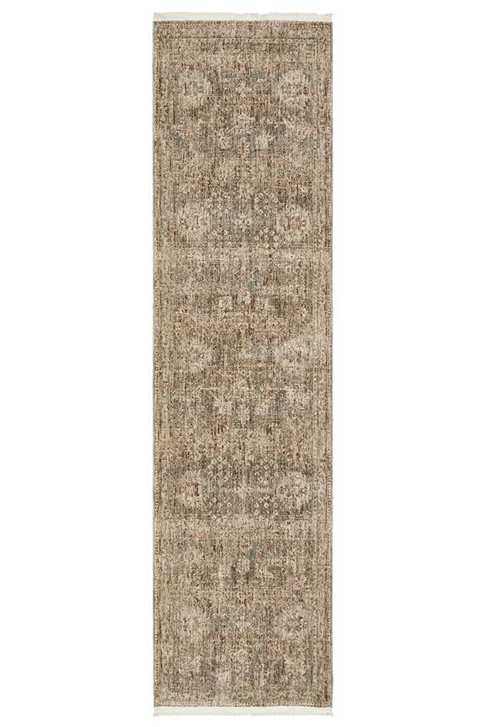 Margot Woodland hall runner featuring moss green and brown earthy tones in a vintage distressed style, Rugs N Timber Belrose.