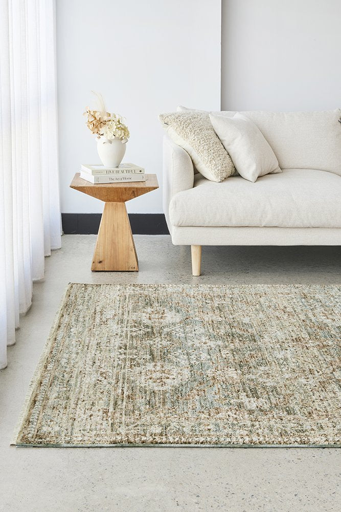 Margot Woodland rug featuring moss green and brown earthy tones in a vintage distressed style, Rugs N Timber Belrose.