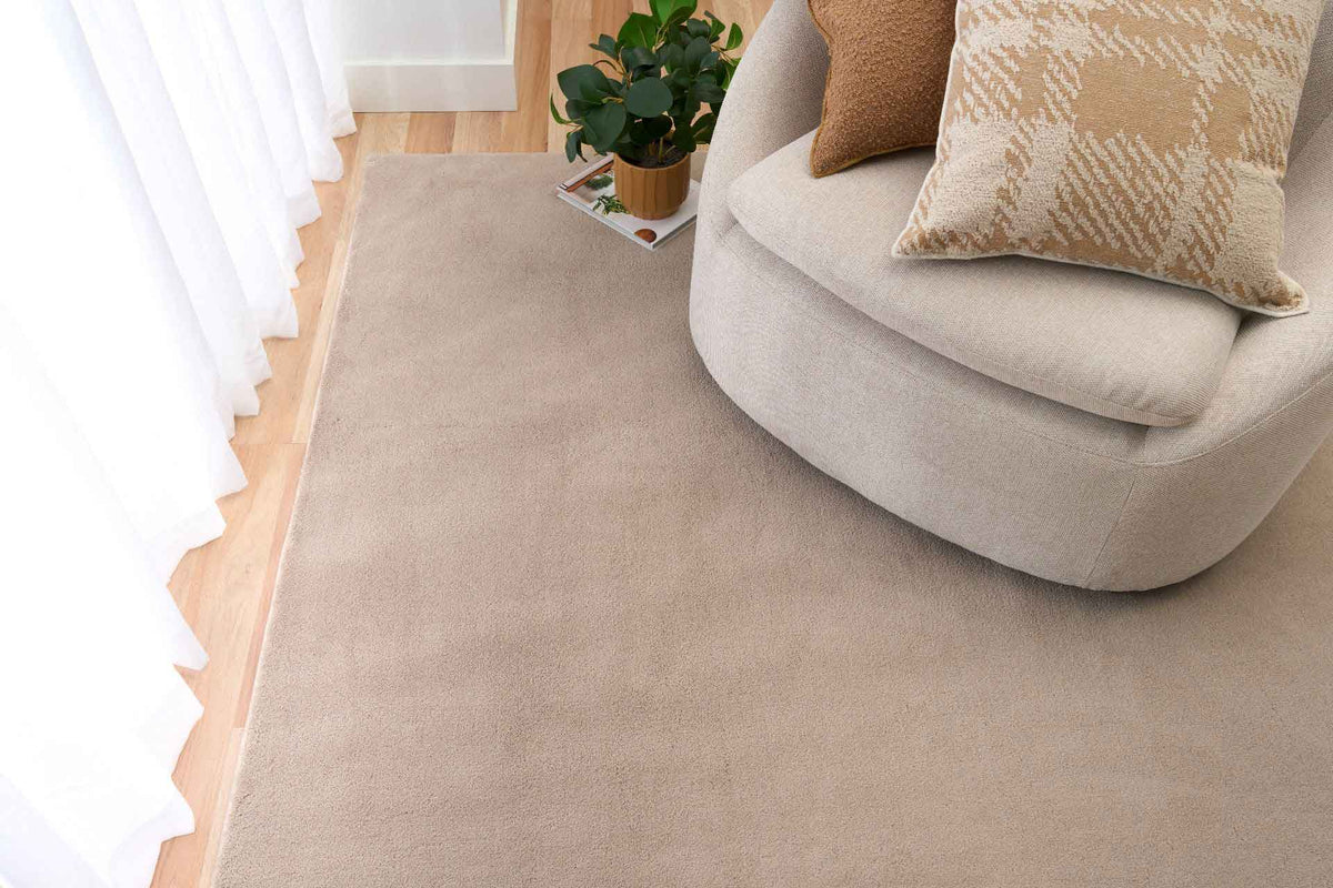 Monty Clay Rug – warm neutral ultra soft rug, stain resistant and available at Rugs N Timber Belrose