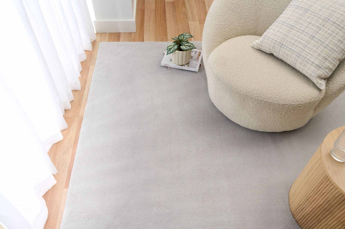 Monty Silver Rug – modern silver toned ultra soft rug, easy care and available at Rugs N Timber Belrose