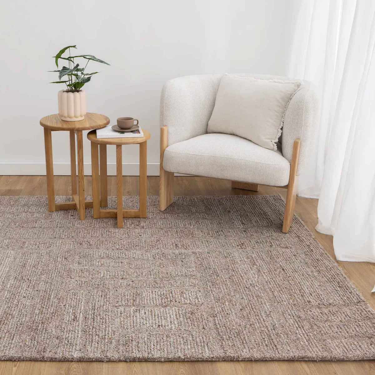 Nebraska Chestnut wool rug in rich cocoa tones with high–low boucle pattern – visit Rugs N Timber Belrose.