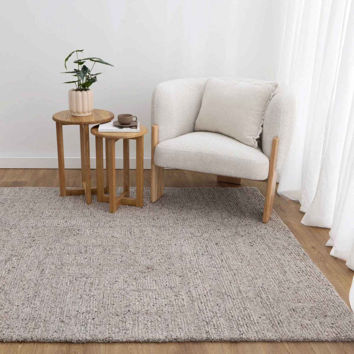 Nebraska Fawn wool rug in warm greige with thick boucle pile – see it at Rugs N Timber Belrose