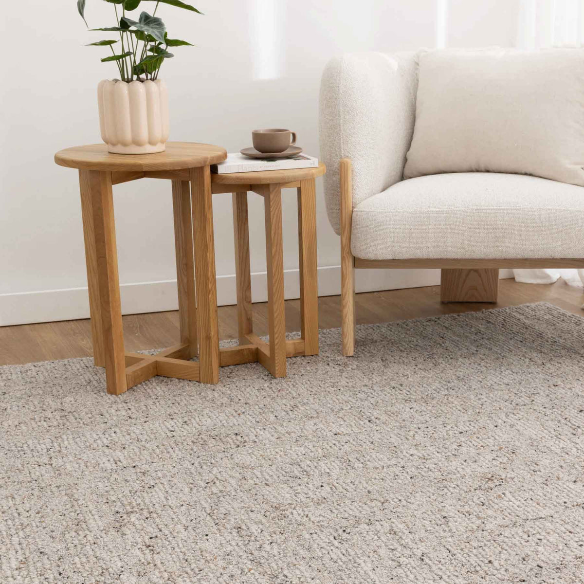 Nebraska Fawn wool rug in warm greige with thick boucle pile – see it at Rugs N Timber Belrose