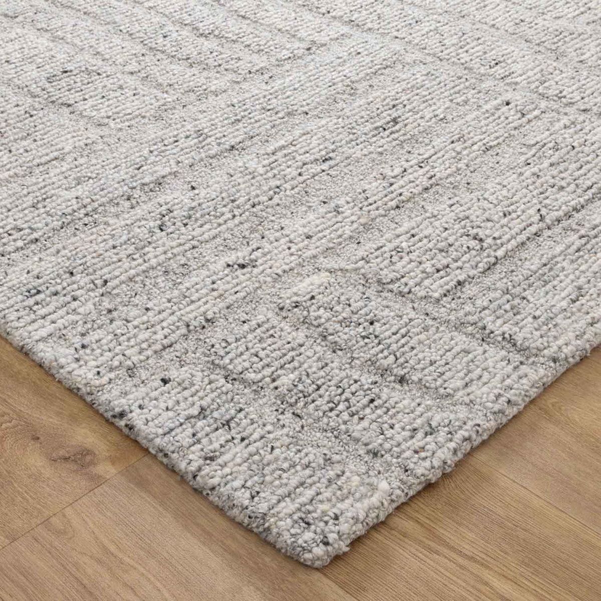 Nebraska Fog wool rug in soft grey with high–low boucle pattern – view in-store at Rugs N Timber Belrose.