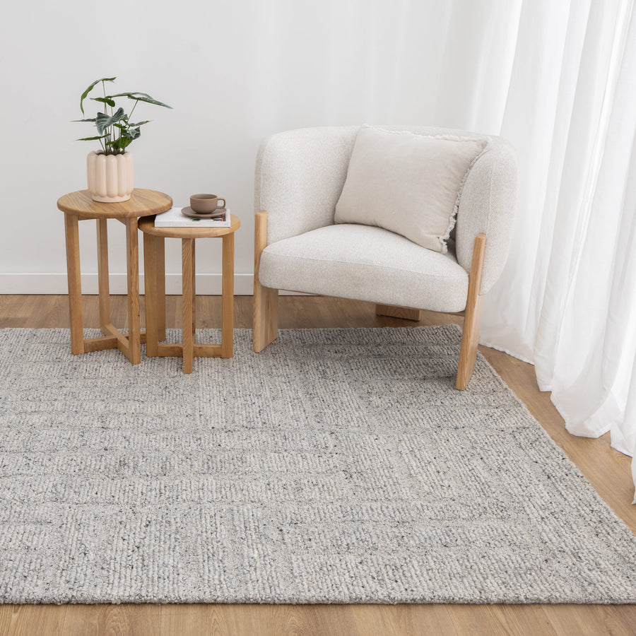 Nebraska Fog wool rug in soft grey with high–low boucle pattern – view in-store at Rugs N Timber Belrose.