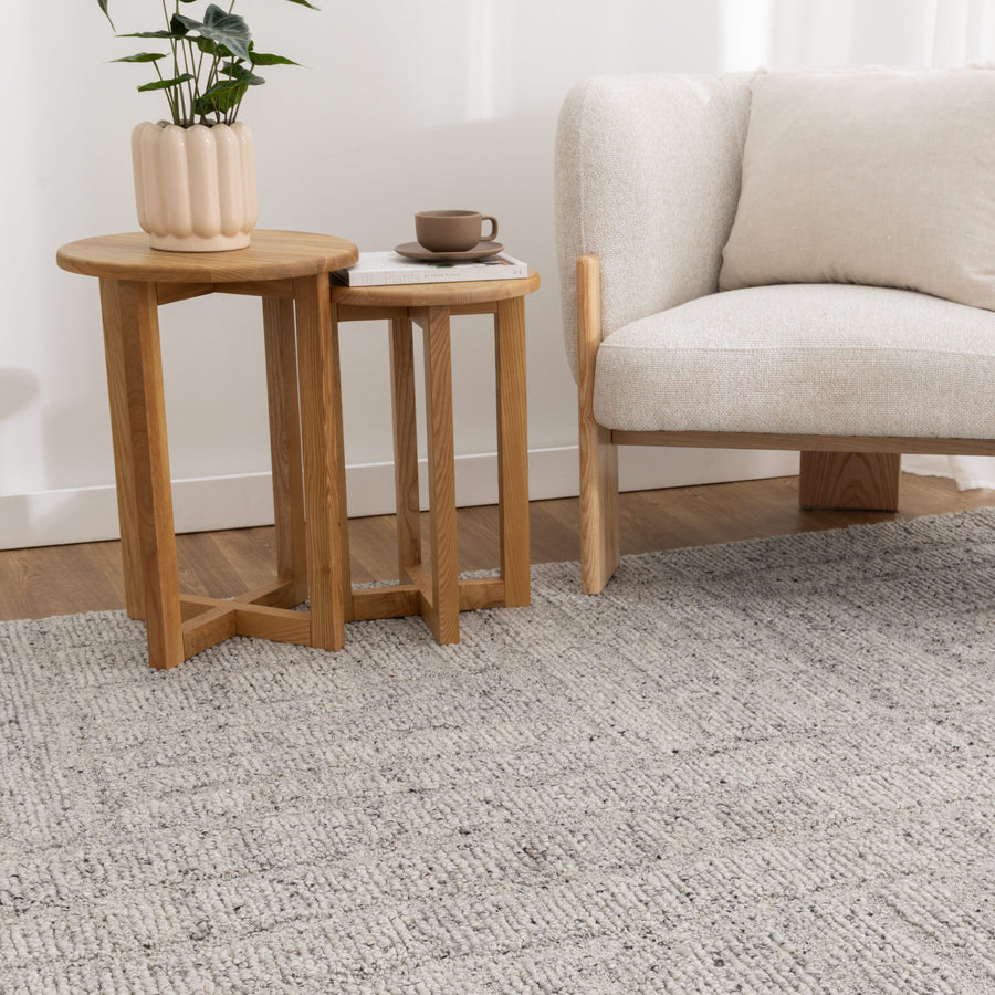 Nebraska Fog wool rug in soft grey with high–low boucle pattern – view in-store at Rugs N Timber Belrose.