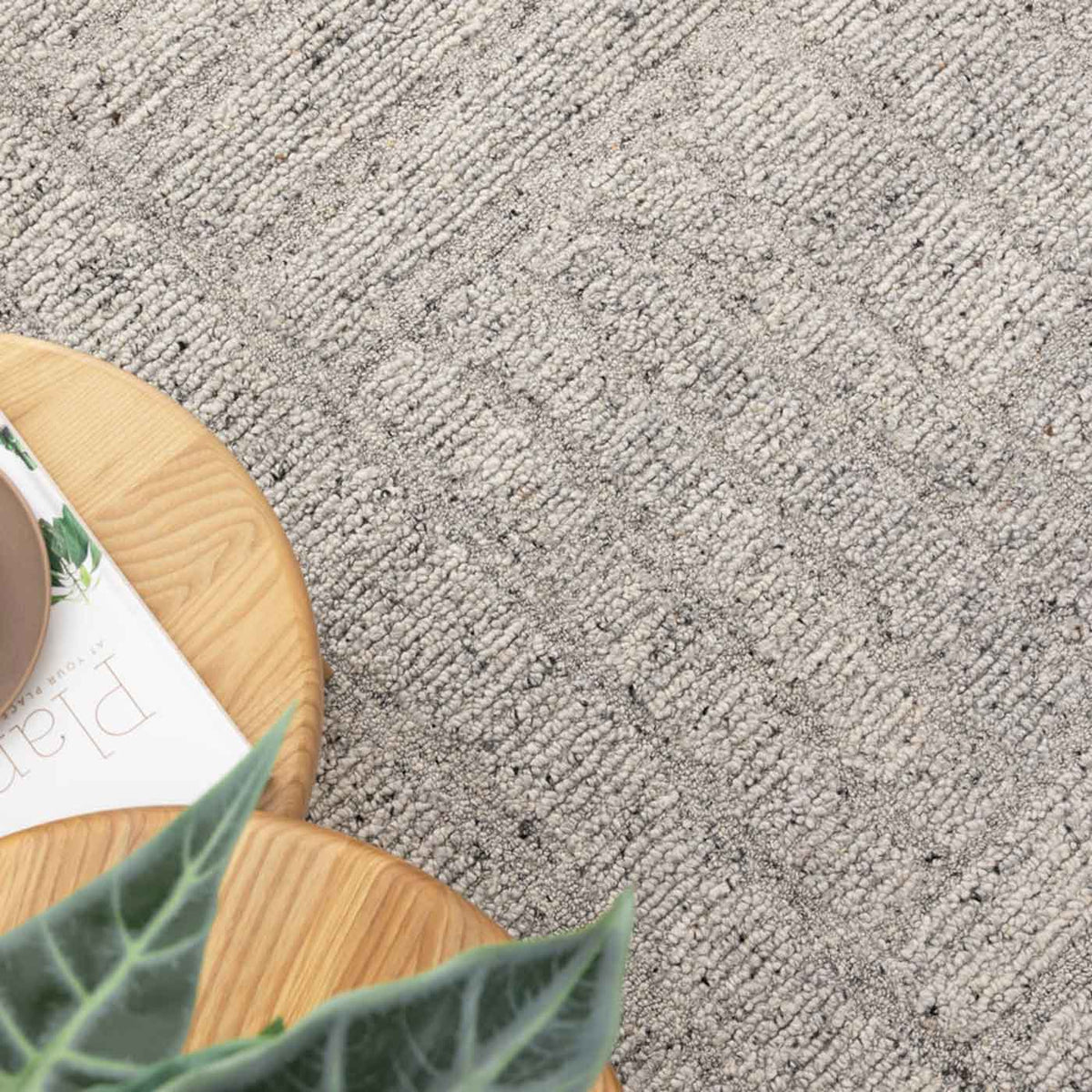 Nebraska Fog wool rug in soft grey with high–low boucle pattern – view in-store at Rugs N Timber Belrose.