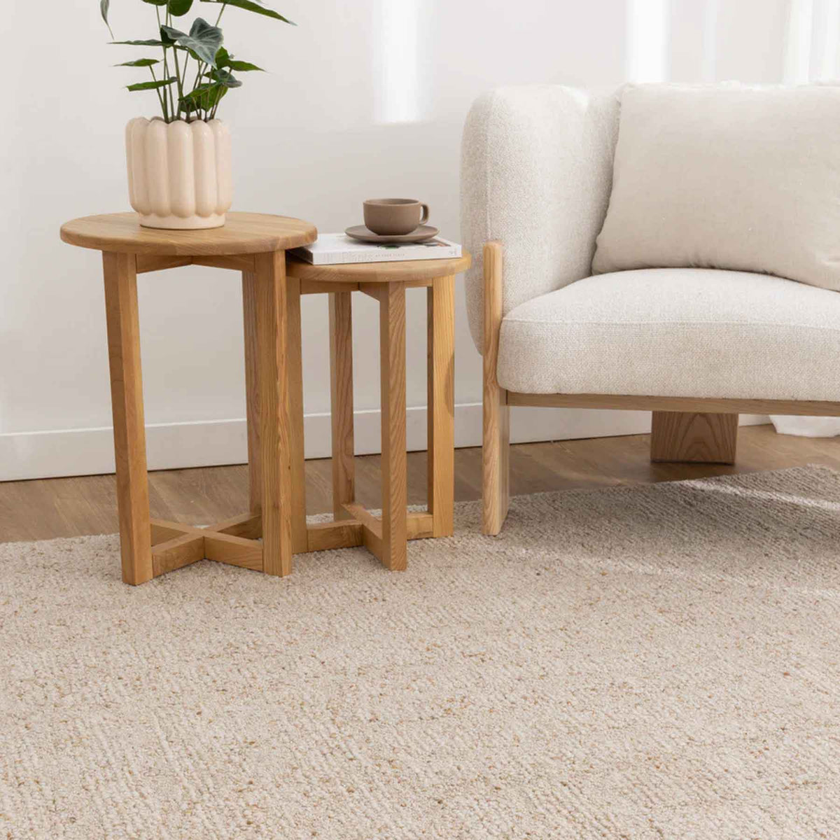 Nebraska Linen beige wool rug with soft 20mm boucle pile, available at Rugs N Timber Belrose showroom.