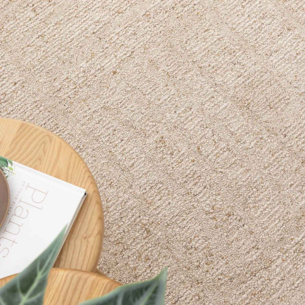 Nebraska Linen beige wool rug with soft 20mm boucle pile, available at Rugs N Timber Belrose showroom.