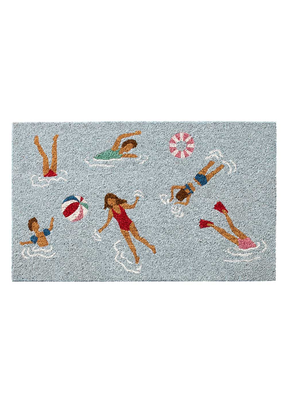 Ocean Swimmers blue natural coir doormat with swimmers and beach balls