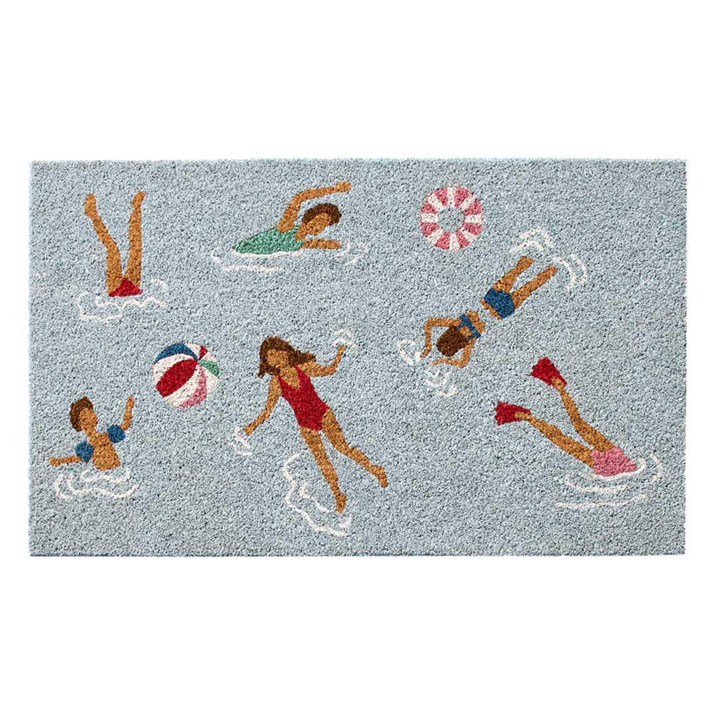 Ocean Swimmers blue natural coir doormat with swimmers and beach balls