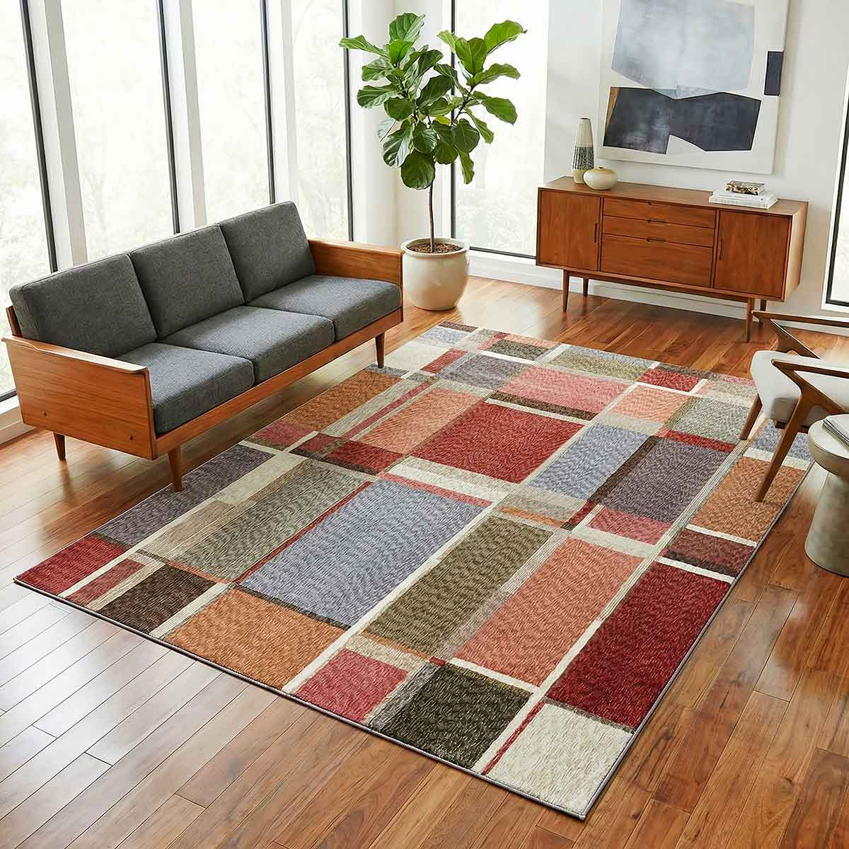 Ophelia Grid contemporary geometric rug featuring layered earthy tones and architectural lines.