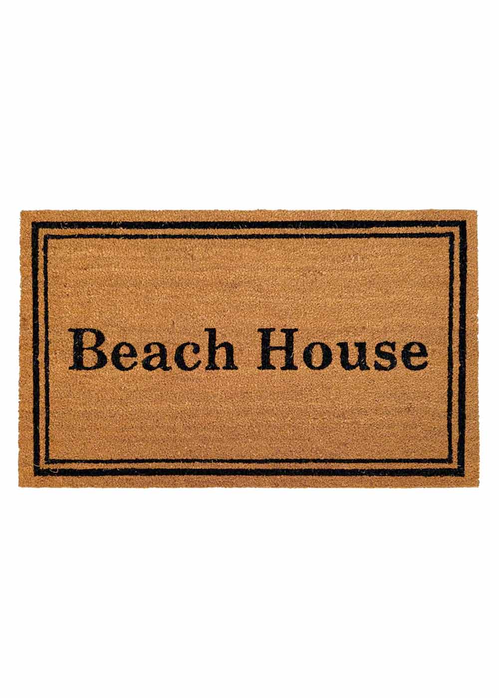 PVC backed coir doormat with words Beach House written in black, perfect for entryways – available at Rugs N Timber in Belrose