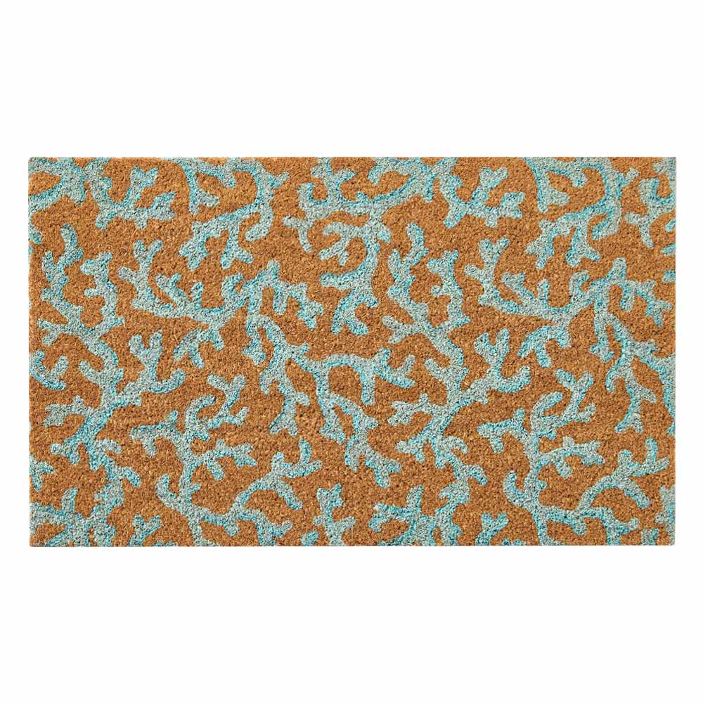 Hayman Coral PVC-backed coir doormat with aqua coral reef pattern – Rugs N Timber Belrose