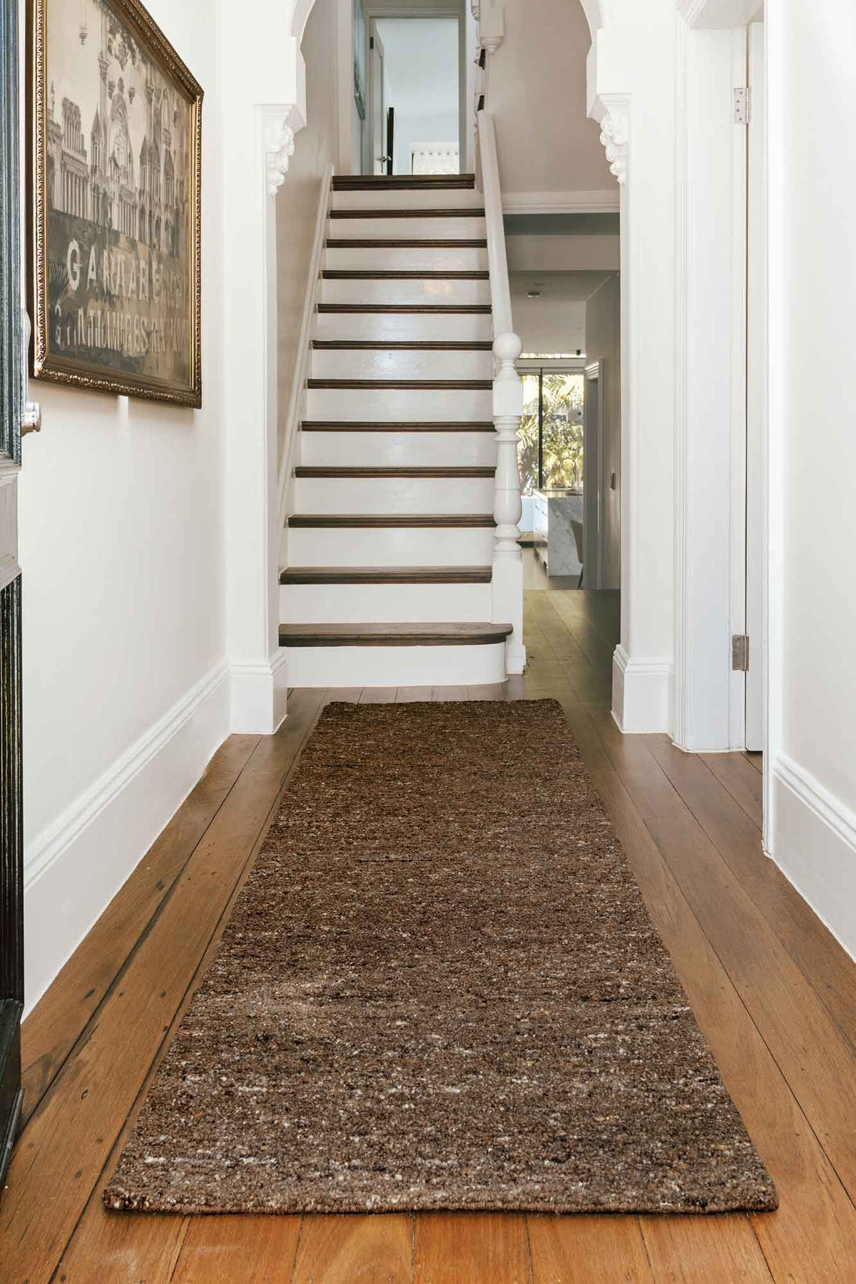 Rueben Tobacco premium brown wool hallway runner inspired by Cuban tobacco tones, part of the St Kitts Collection at Rugs N Timber.