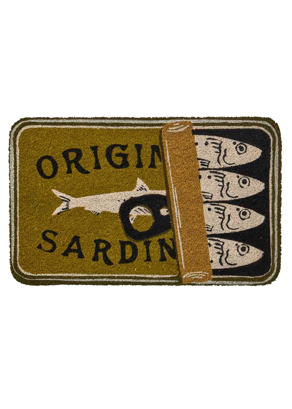 Vintage sardine tin coir doormat in olive green black and natural
