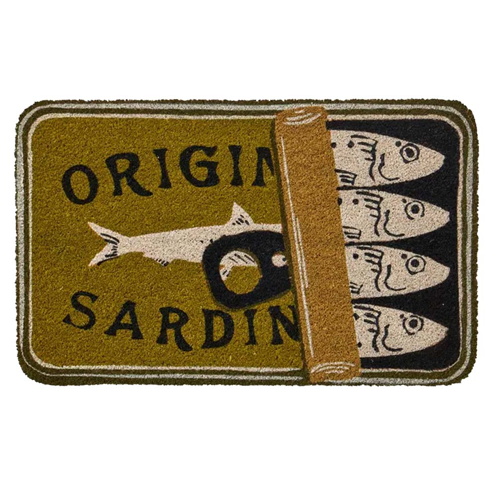Vintage sardine tin coir doormat in olive green black and natural