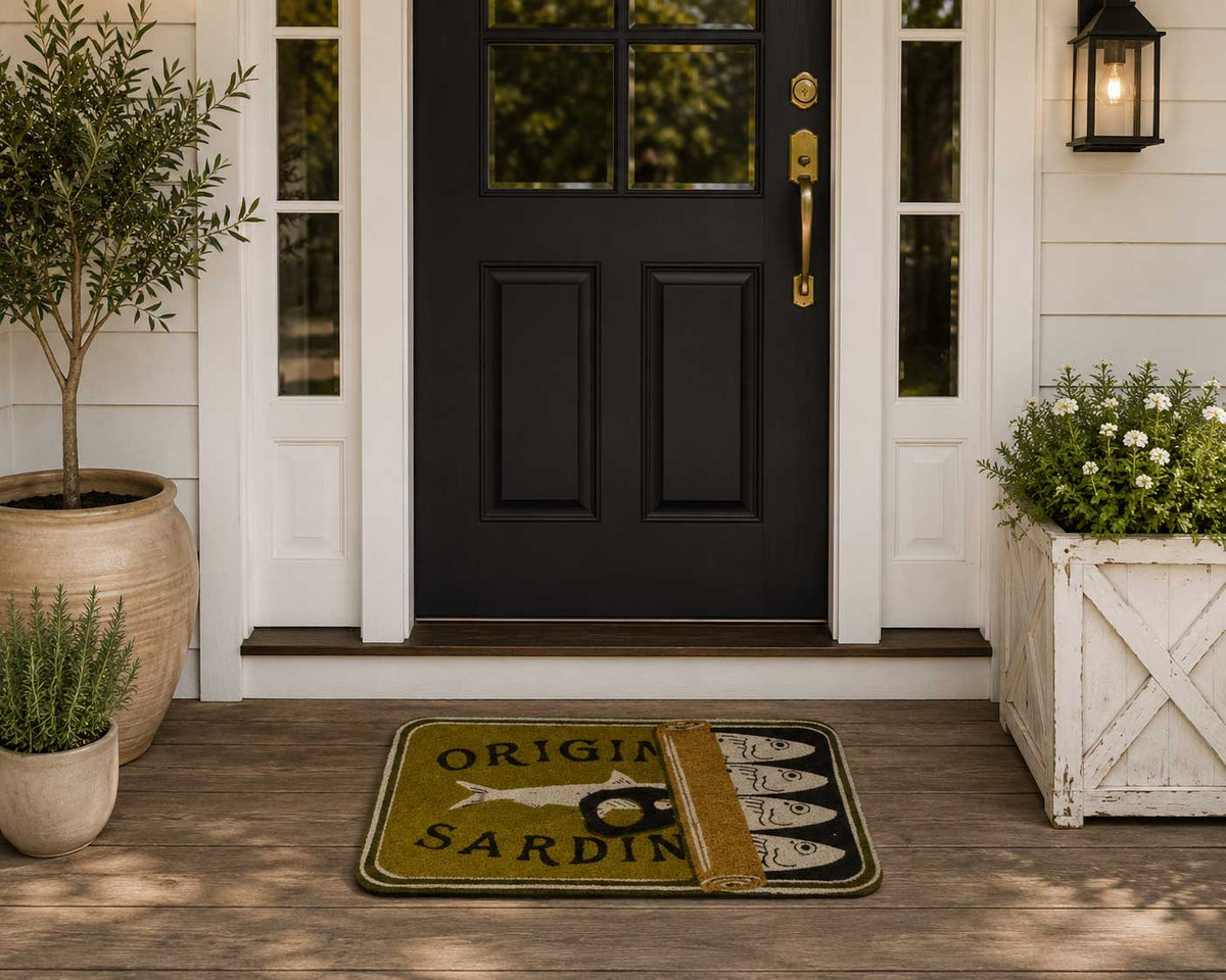 Vintage sardine tin coir doormat in olive green black and natural