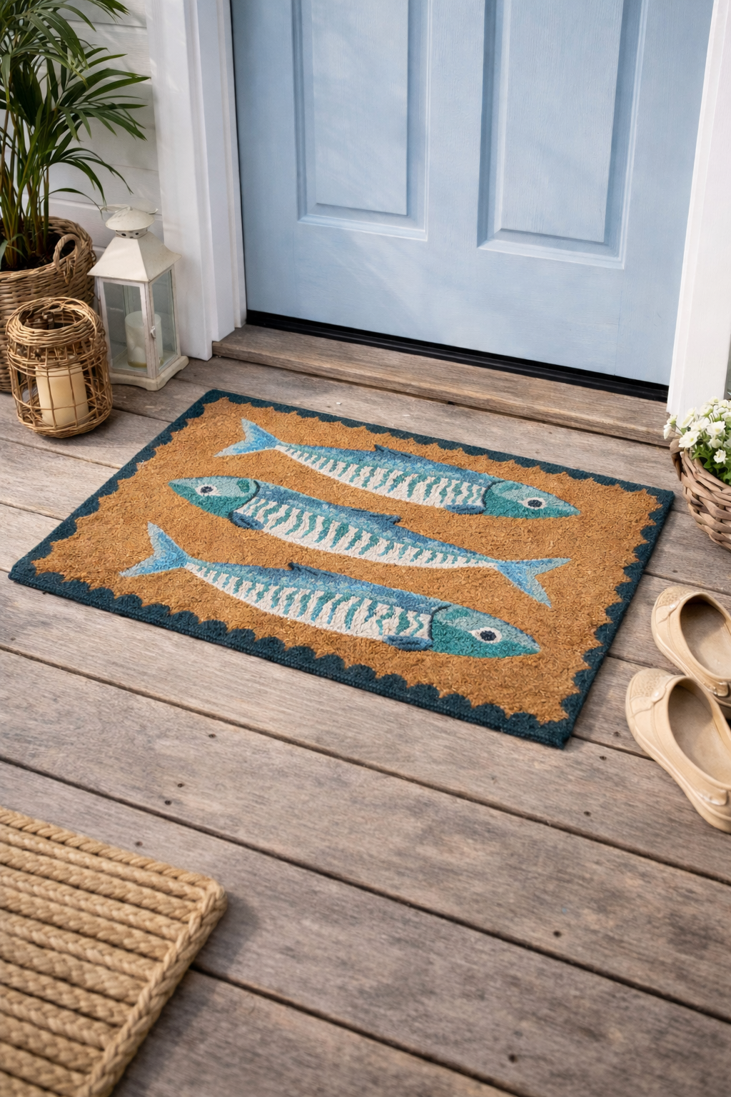 The Sardines blue PVC Coir doormat illustrating 3 fish, with a blue scallop border. Available at Rugs N Timber Belrose