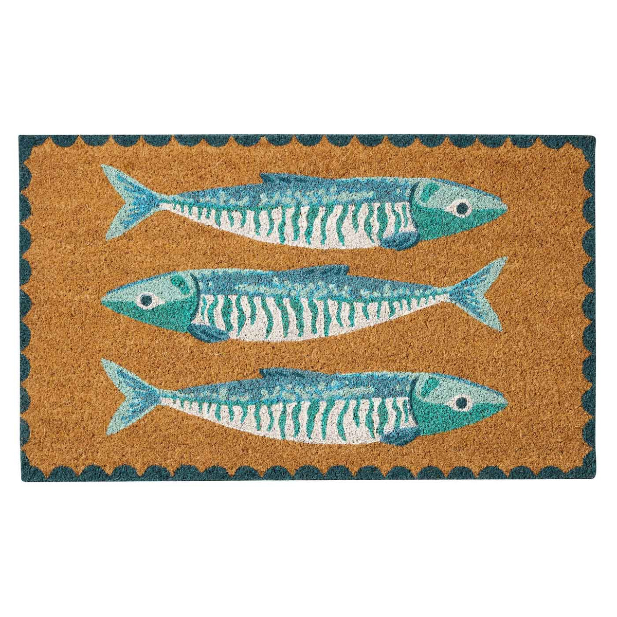 The Sardines blue PVC Coir doormat illustrating 3 fish, with a blue scallop border. Available at Rugs N Timber Belrose