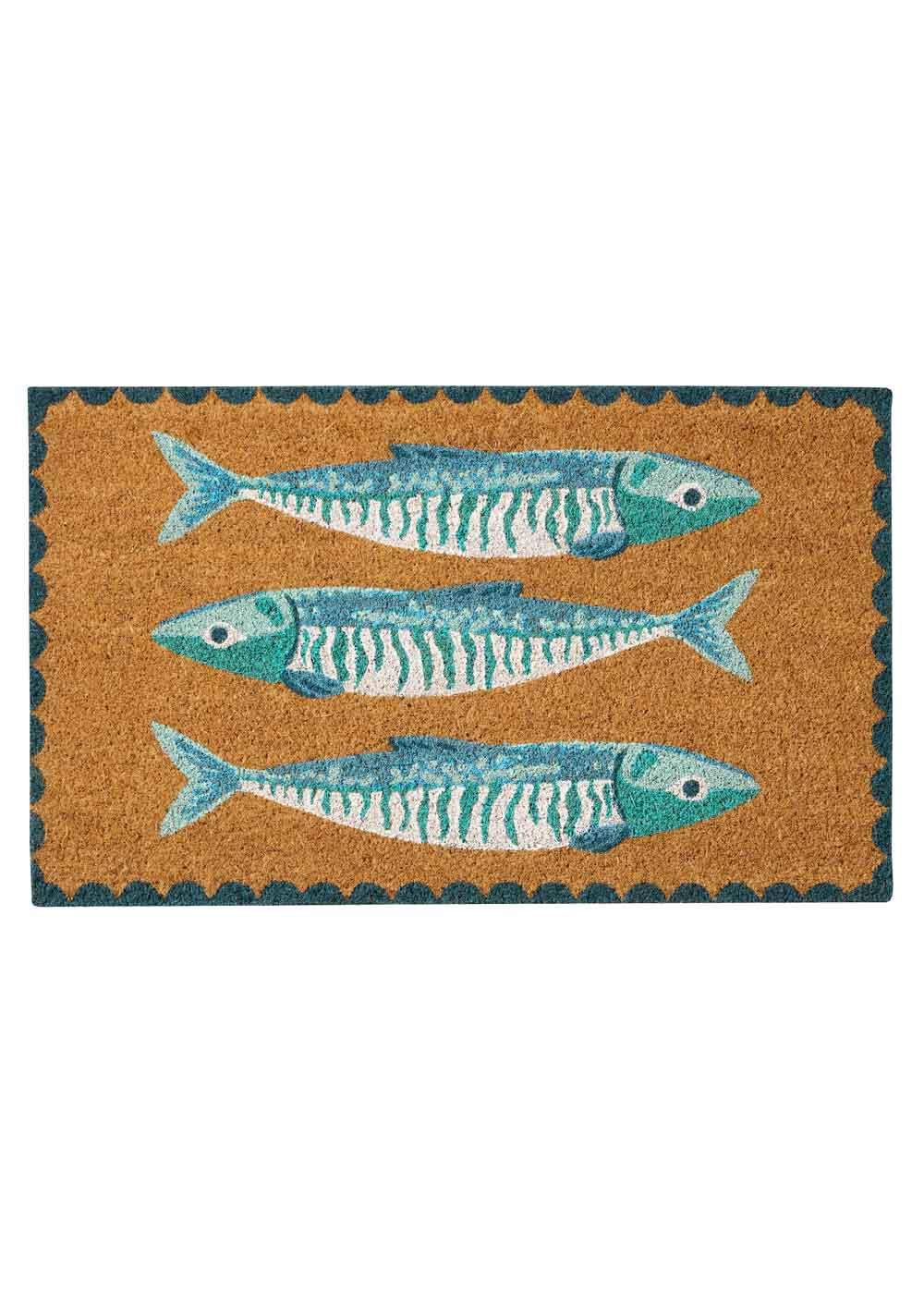 The Sardines blue PVC Coir doormat illustrating 3 fish, with a blue scallop border. Available at Rugs N Timber Belrose