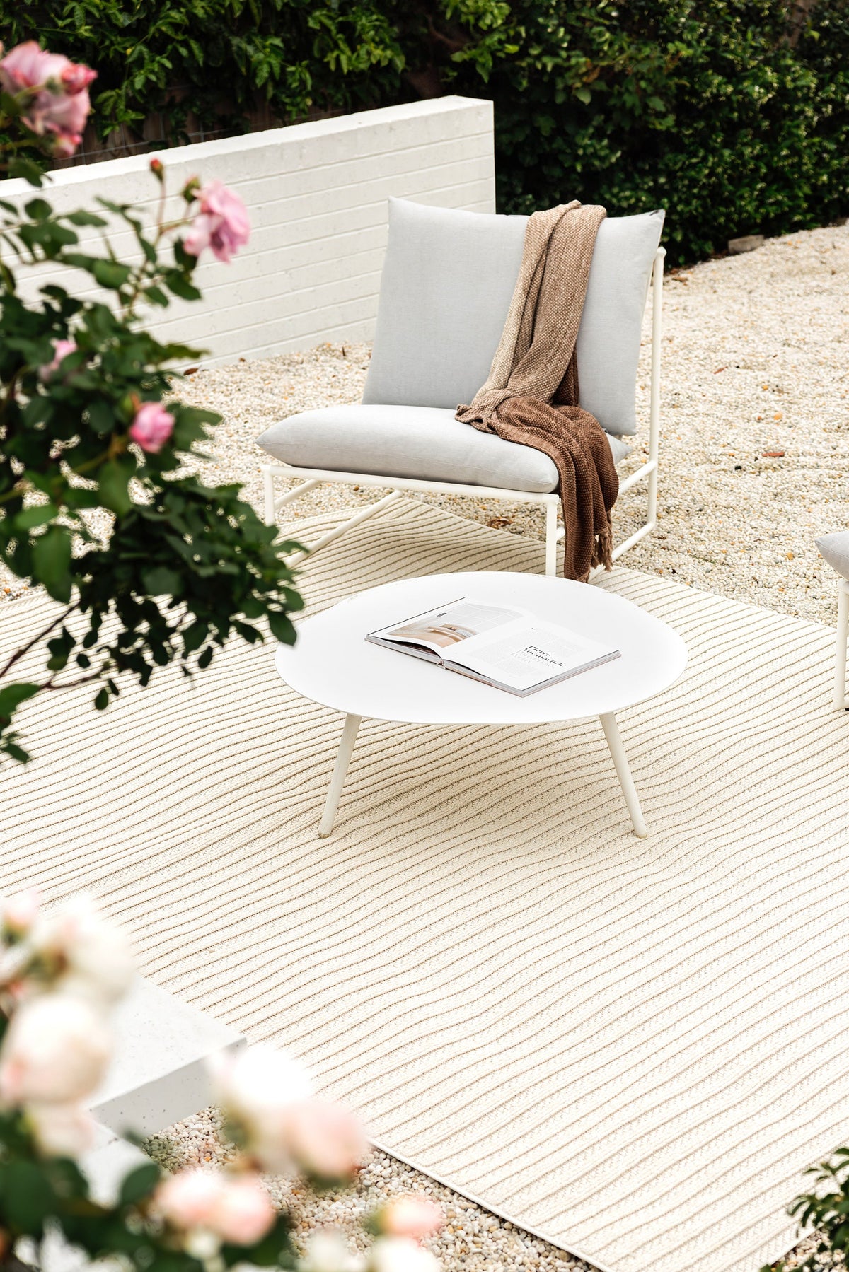 Serafina Cloud indoor and outdoor rug with textured linear design available at Rugs N Timber Belrose showroom