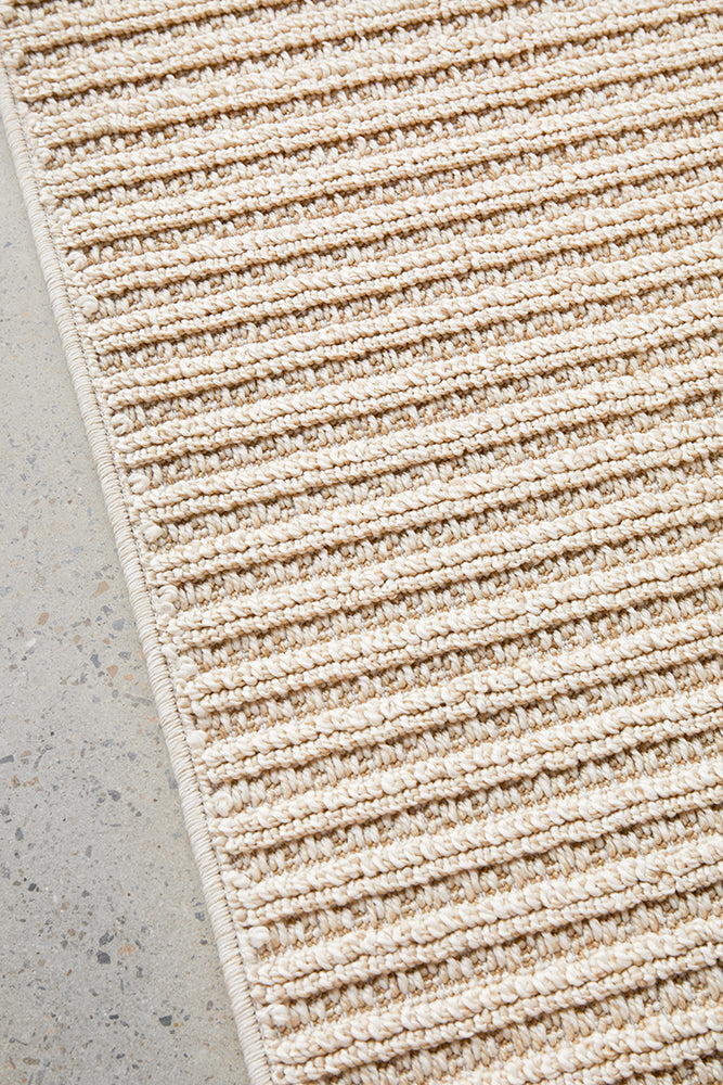 Serafina Latte hallway runner rug with textured linear pattern at Rugs N Timber Belrose showroom