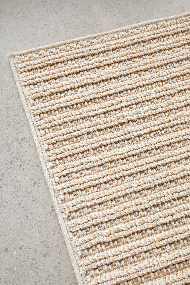 Serafina Latte hallway runner rug with textured linear pattern at Rugs N Timber Belrose showroom