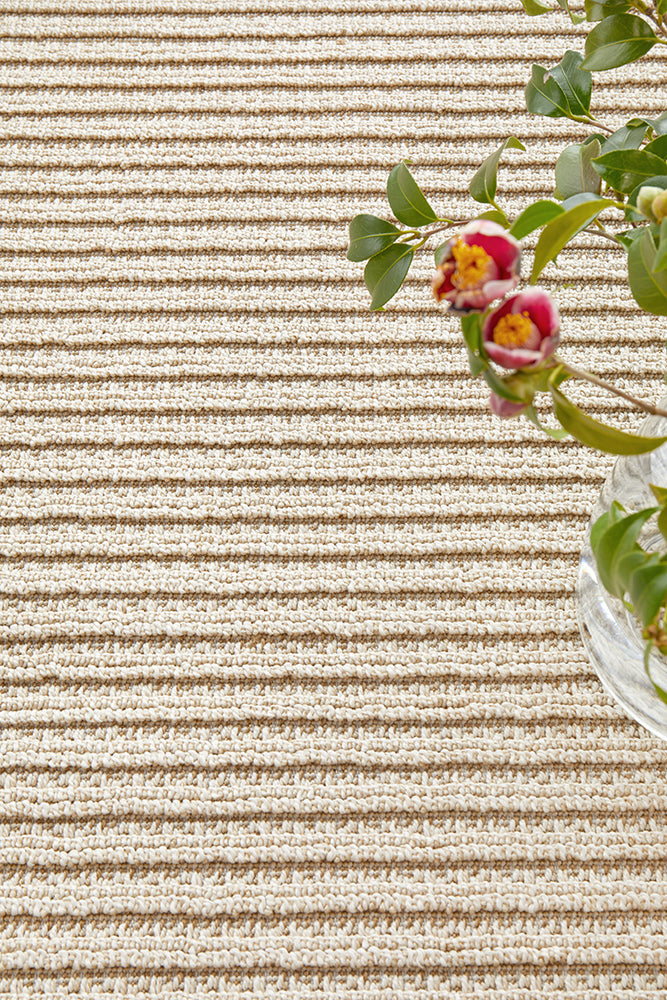Serafina Latte hallway runner rug with textured linear pattern at Rugs N Timber Belrose showroom
