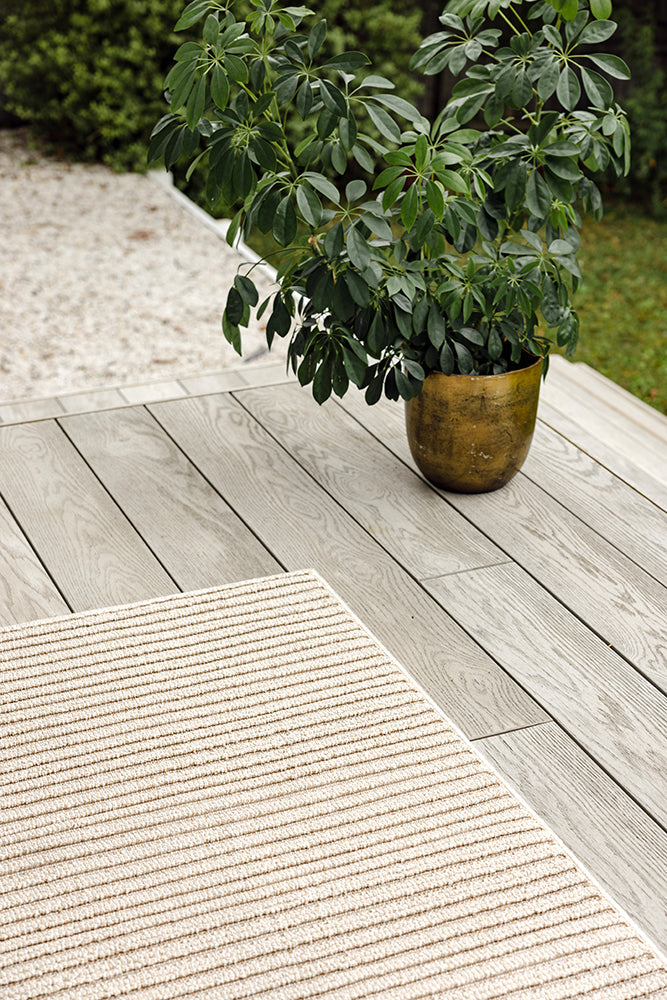 Serafina Latte hallway runner rug with textured linear pattern at Rugs N Timber Belrose showroom