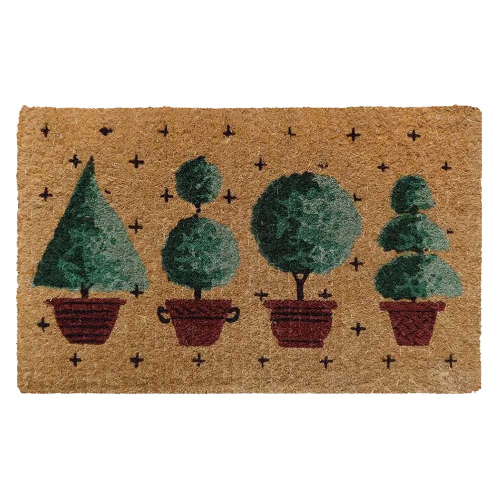 FM2 Premium thick coir doormat featuring four topiary plant designs. Made from natural coconut fibers for a durable and stylish entry. Rugs N Timber Belrose.