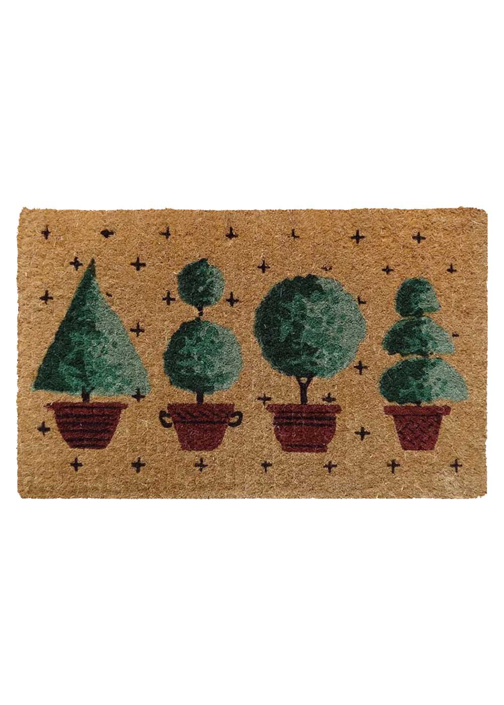 FM2 Premium thick coir doormat featuring four topiary plant designs. Made from natural coconut fibers for a durable and stylish entry. Rugs N Timber Belrose.