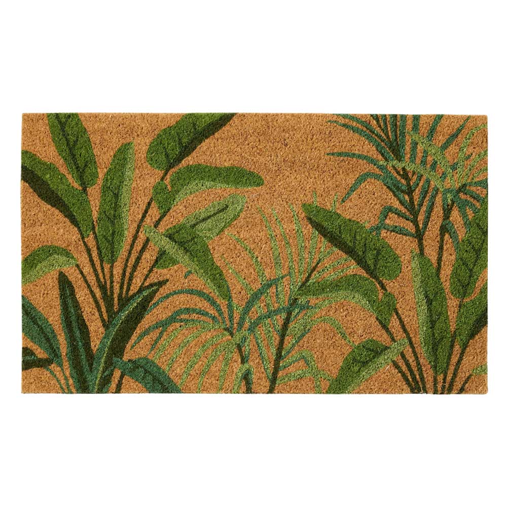 Tropics Green natural coir doormat with tropical leaf design